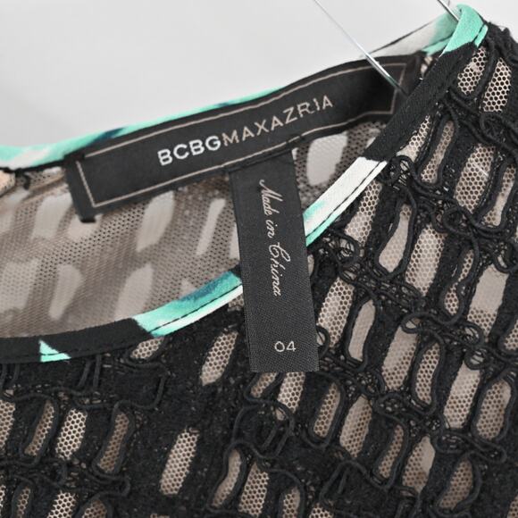 BCBGMAXAZRIA‎ Dress Sz 4 Layna Palms Print Black Teal Lace Trim Half Sleeve Mini - Picture 8 of 13